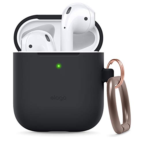 elago Silicone Case with Keychain Compatible with Apple AirPods Case 1 & 2, Front LED Visible, Supports Wireless Charging, Protective Silicone [Black]