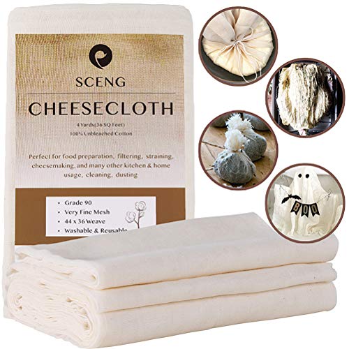 Book Cover Cheesecloth Grade 90 36 Sq Feet Reusable 100% Unbleached Cotton Fabric Ultra Fine Cheesecloth for Cooking - Nut Milk Bag Strainer Filter (Grade 90-4Yards)