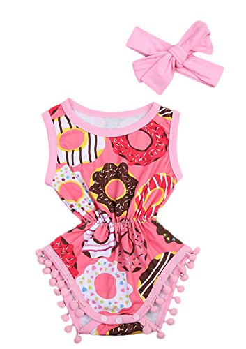 Imcute Cute Baby Girls Sleeveless Donut Tassel Romper Jumpsuit+Headband (12-18 Months, A)