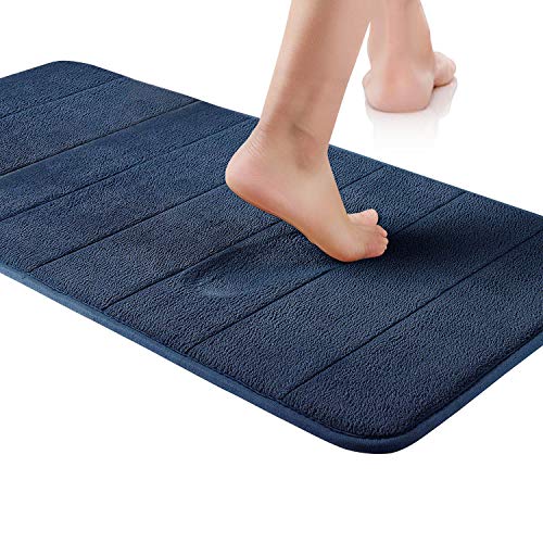 VEEYOO Memory Foam Bath Mat, 20 Ã— 32 Inches Soft Absorbent Coral Velvet Bathroom Rugs, Cozy Comfortable Machine-Washable Bath Mats for Bathroom Floors, Stripe Pattern Navy