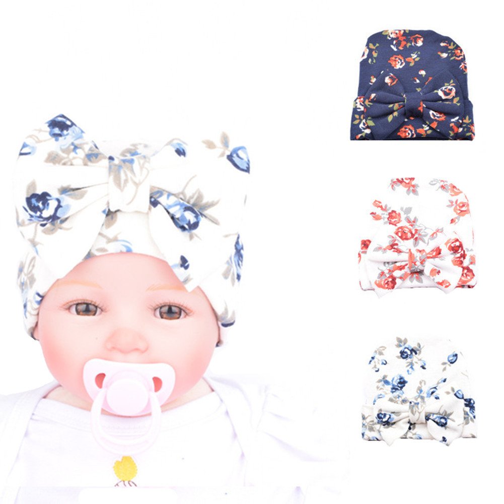 Ademoo Newborn Baby Girls Nursery Beanie Hospital Hat with Bow (Floral Bow 3 Colors/ 0-3 Month)