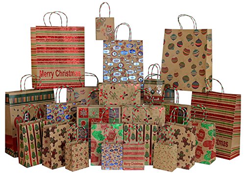 Book Cover Iconikal Foil & Glitter Kraft Christmas Gift Bags, 24-Count, 6 XL, 6 Large, 6 Medium, 6 Small