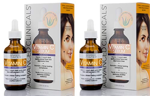 Advanced Clinicals Vitamin C Anti-aging Serum for Dark Spots, Uneven Skin Tone, Crows Feet and Expression Lines. (Two - 1.75oz)