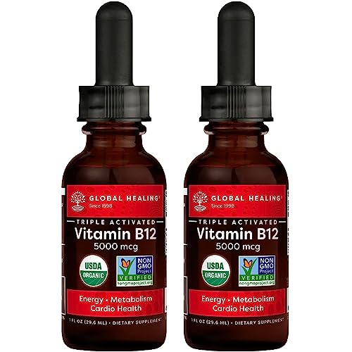 Global Healing Vitamin B12 5000 mcg, Organic Sublingual Liquid Drops | 2-in-1 Methylcobalamin & Adenosylcobalamin Blend for Energy, Mood, and Heart Health, 1 Fl Oz (2-Pack)