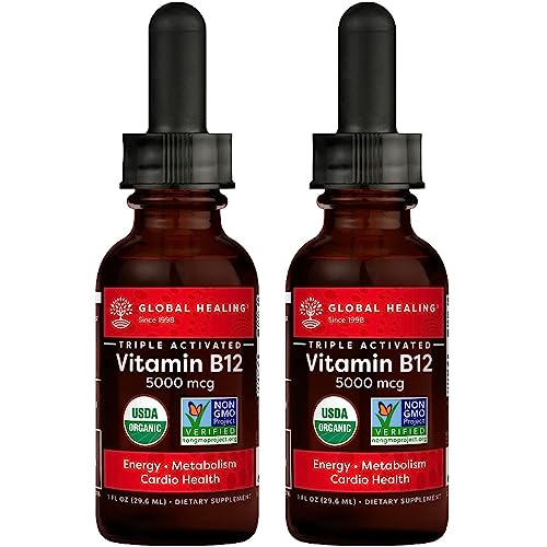 Book Cover Global Healing Vitamin B12 5000 mcg, Organic Sublingual Liquid Drops | 2-in-1 Methylcobalamin & Adenosylcobalamin Blend for Energy, Mood, and Heart Health, 1 Fl Oz (2-Pack)