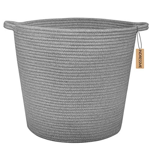 INDRESSME Extra Large Storage Baskets Cotton Rope Basket Woven Baby Laundry Basket with Handle for Diaper Toy Cute Home Decor addition Diaper Toy 16.0"x 15.0"x12.6", Grey