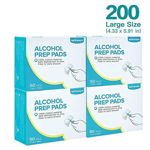 Winner Ultra Large Alcohol Wipes, 100% Soft Cotton Prep Pads Lock Abundant Liquid, 200 Count (Box of 4)