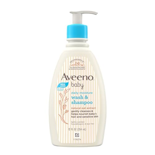 Aveeno Baby Daily Moisture Wash and Shampoo (354ml) | Cleanses hair & body | Oat kernel extract & glycerin | Tear-free, soap-free, paraben-free, hypoallergenic | US #1 Pediatrician recommended