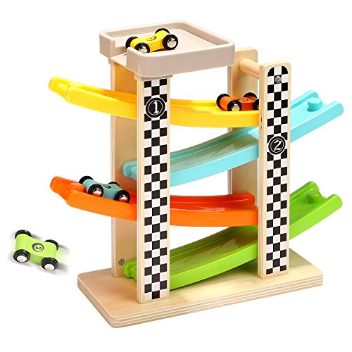 Book Cover TOP BRIGHT Toddler Toys For 1 2 Year Old Boy And Girl Gifts Wooden Race Track Car Ramp Racer With 4 Mini Cars