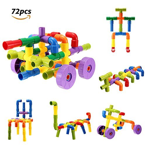 FUNTOK Tube Building Blocks Set Assembling Toys DIY Pipeline Blocks with Wheels 72 pcs Interlocking Set Construction Building Blocks for Kids