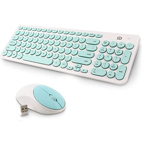 Wireless Keyboard and Mouse Combo, FD iK6630 2.4GHz Cordless Cute Round Key Set Smart Power-Saving Quiet Slim Combo for Laptop, Computer,TV and Mac (Mint Green & White)