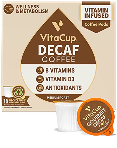 VitaCup Decaf Coffee Pods, Medium Roast w/ Resveratrol, B Vitamins, D3 for Wellness & Metabolism in Single Serve Pods Compatible with Keurig K-Cup Brewers, 16 Count