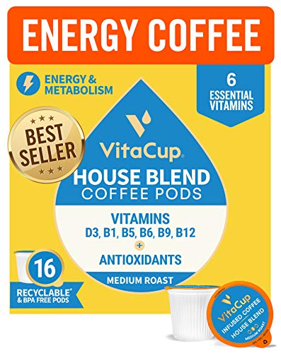 VitaCup Gourmet House Energy Blend Coffee Pods 16ct | Keto | Paleo | Whole30 | Vitamins B1, B5, B6, B9, B12, D3 | Compatible with K-Cup Brewers Including Keurig 2.0 | Medium Roast