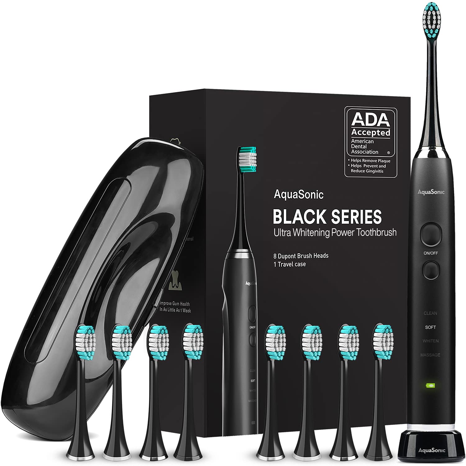Book Cover Aquasonic Black Series Ultra Whitening Toothbrush – ADA Accepted Power Toothbrush - 8 Brush Heads & Travel Case – 40,000 VPM Electric Motor & Wireless Charging - 4 Modes w Smart Timer