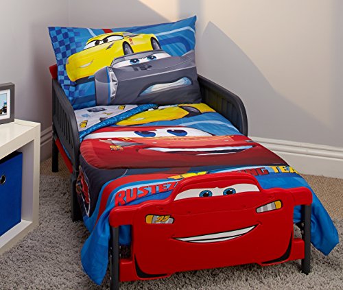 Book Cover Disney Cars Rusteze Racing Team 4 Piece Toddler Bedding Set, Blue/Red/Yellow/White
