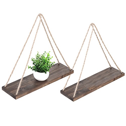 Book Cover MyGift 17-Inch Distressed Dark Brown Wood Hanging Swing Rope Floating Shelves, Set of 2