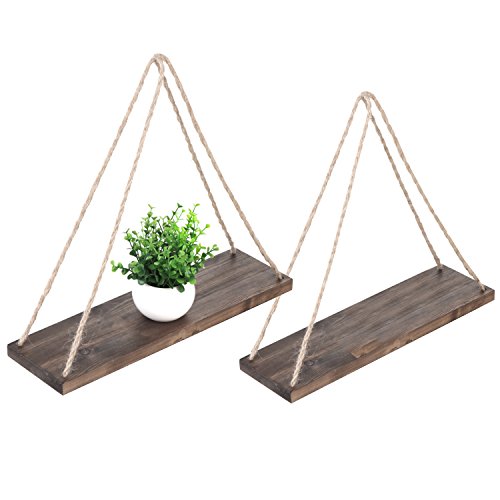 MyGift 17-Inch Distressed Dark Brown Wood Hanging Swing Rope Floating Shelves, Set of 2