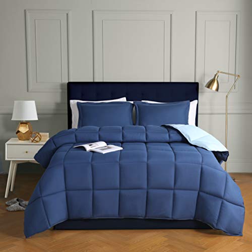 HIG 2pc Down Alternative Comforter Set -All Season Reversible Comforter with Sham - Quilted Duvet Insert with Corner Tabs -Box Stitched â€“Hypoallergenic, Soft, Fluffy (Twin/Twin XL, Navy/Light Blue)