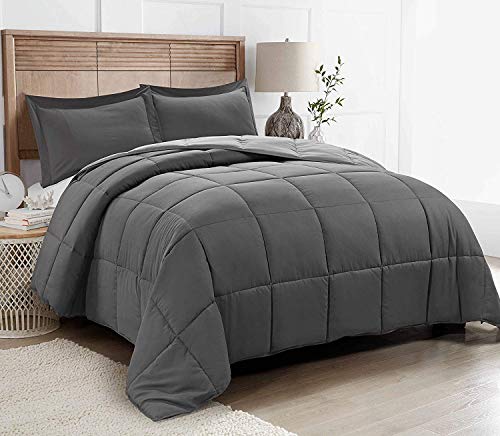 Book Cover HIG 3pc Down Alternative Comforter Set - All Season Reversible Comforter with Two Sham - Quilted Duvet Insert with Corner Tabs - Box Stitched - Breathable, Soft (Twin/Twin XL,Dark Gray/Light Gray)