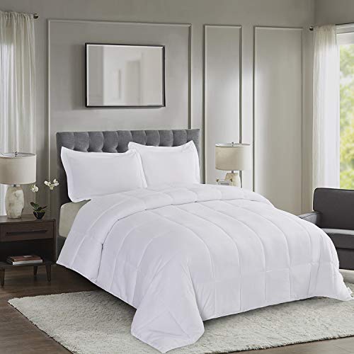 Book Cover HIG 3pc Down Alternative Comforter Set - All Season Reversible Comforter with Two Shams - Quilted Duvet Insert with Corner Tabs -Box Stitched â€“Hypoallergenic, Soft, Fluffy (Full/Queen, Pure White)