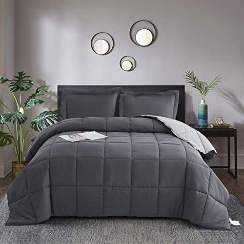 Book Cover HIG 3pc Down Alternative Comforter Set - All Season Reversible Comforter with Two Shams - Quilted Duvet Insert with Corner Tabs - Box Stitched - Breathable, Soft (King/CK, Dark Gray/Light Gray)