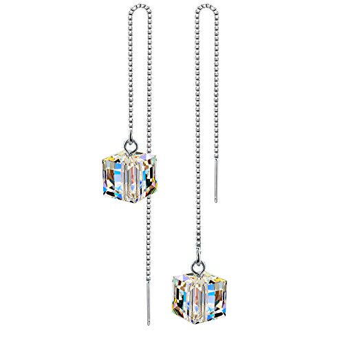 AllenCOCO 925 Silver SWAROVSKI Crystals Long Tassel Threader Dangle Drop Earrings(white)