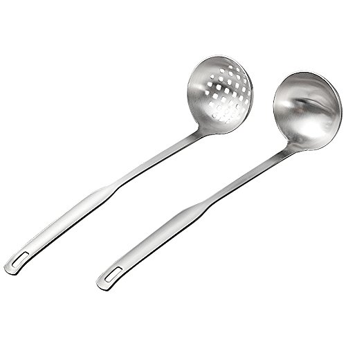 Buyer Star 2 Pcs Soup Ladle Colander, Metallic Frosting Flatware Cookware Serving Long Handle Steel Slotted Spoon Cooking Utensil Set for Hotpotï¼Œ18/10 Stainless Steel