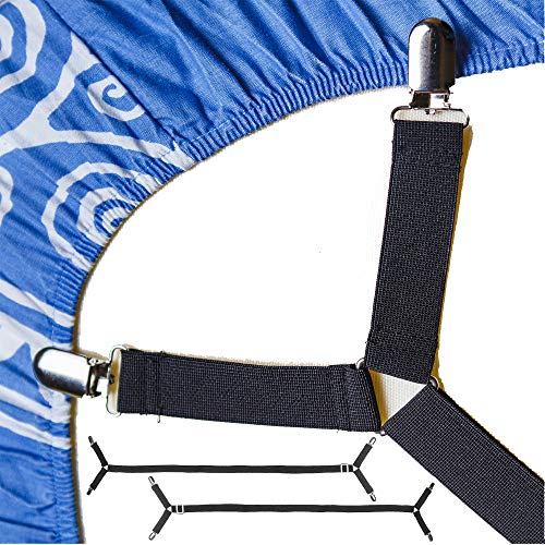 Book Cover FeelAtHome Bed Sheet Holder Straps Criss-Cross - Sheets Stays Suspenders Keeping Fitted Or Flat Bedsheet in Place - for Twin Queen King Mattress Holders Elastic Clips Grippers Fasteners Garters Bands