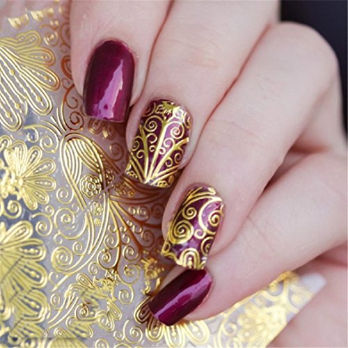 YABINA 8 Sheet/set 3D Foils Nail Vinyls Nail Stencil Sticker Sheets Set for Nail Art Design (Gold)