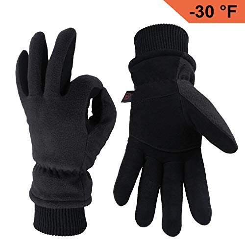 Book Cover OZERO Winter Gloves Coldproof Snow Work Glove - Deerskin Leather Palm & Polar Fleece Back with Insulated Cotton - Windproof Water-Resistant Warm Hands in Cold Weather for Women Men - Denim(L)