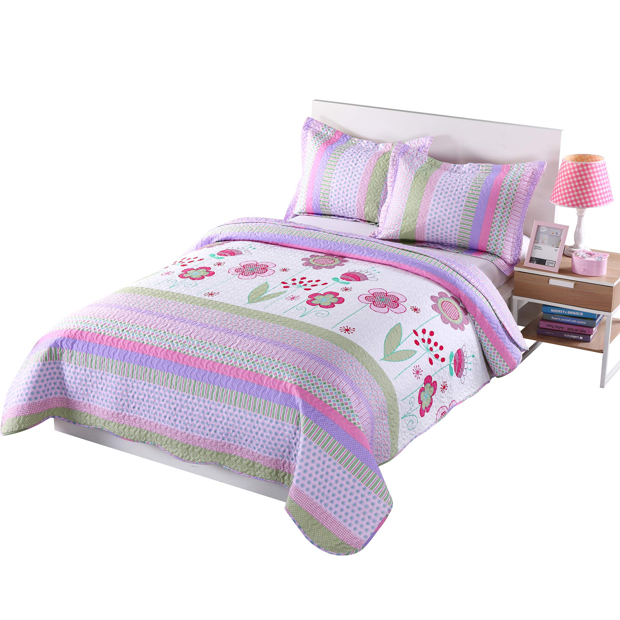 Book Cover MarCielo 3 Piece Kids Bedspread Quilts Set Throw Blanket for Teens Girls Bed Printed Bedding Coverlet, Full Size, Purple Floral Striped (Full)