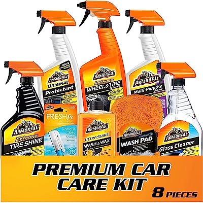 Armor All Premier Car Care Kit (8 Items) - 3pc Ultra Wax & Wash Kit, 3pc Interior, Glass Cleaner & Air Freshener and 2pc Tire Shine & Wheel Kit, 18574