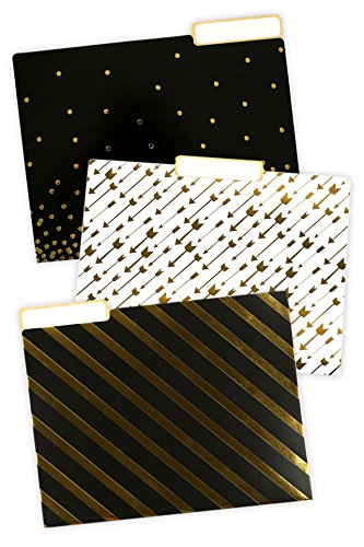 Renewing Minds Glimmer of Gold File Folders, Letter Size, 1/3 Cut Tab, Assorted Designs in Black/Gold/White, Pack of 12