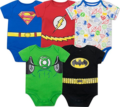 Book Cover Warner Bros. Justice League Baby Boys' 5 Pack Bodysuits - Assorted Superheroes