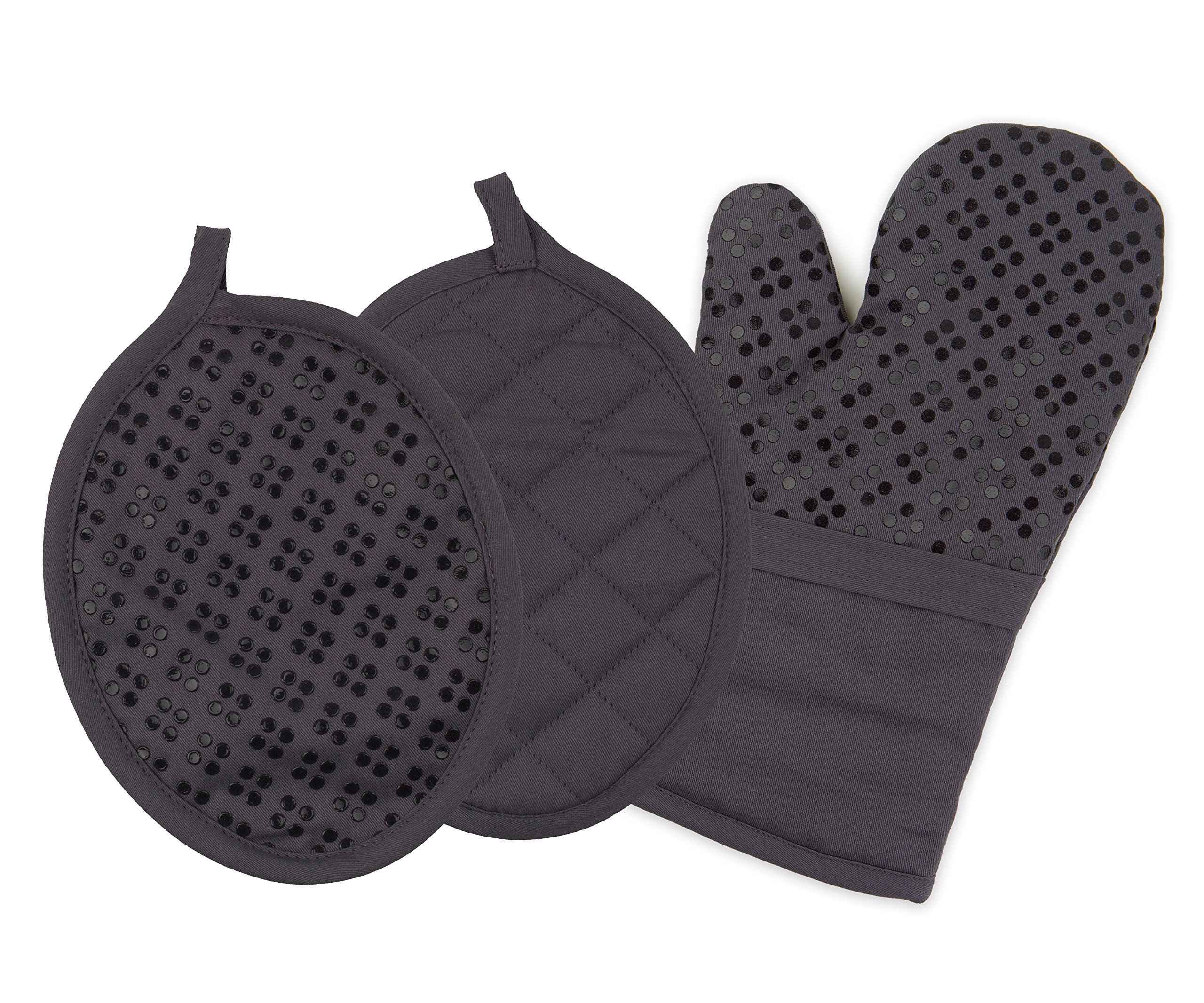 Book Cover Oven Mitt and Pot Holders Silicone Set of 3, Non-Slip Kitchen Hot Pads and Oven Mitts Set, Oeko-Tex 100% Cotton Shell, Gray 3 Piece Set Gray