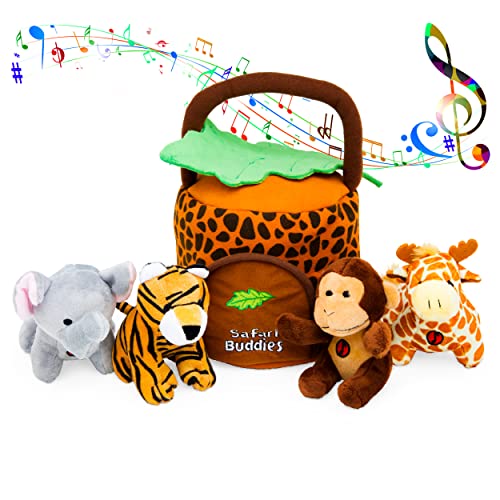 Book Cover KLEEGER Plush Talking Jungle Animals Toy Set (5 Pcs - Plays Sounds) with Carrier for Kids | Stuffed Monkey, Giraffe, Tiger & Elephant | Safari Animals | Great for Boys & Girls
