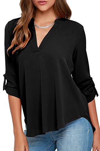 YMING Women's Casual Chiffon Blouse Long Sleeve Solid Color V Neck Tunic Shirt