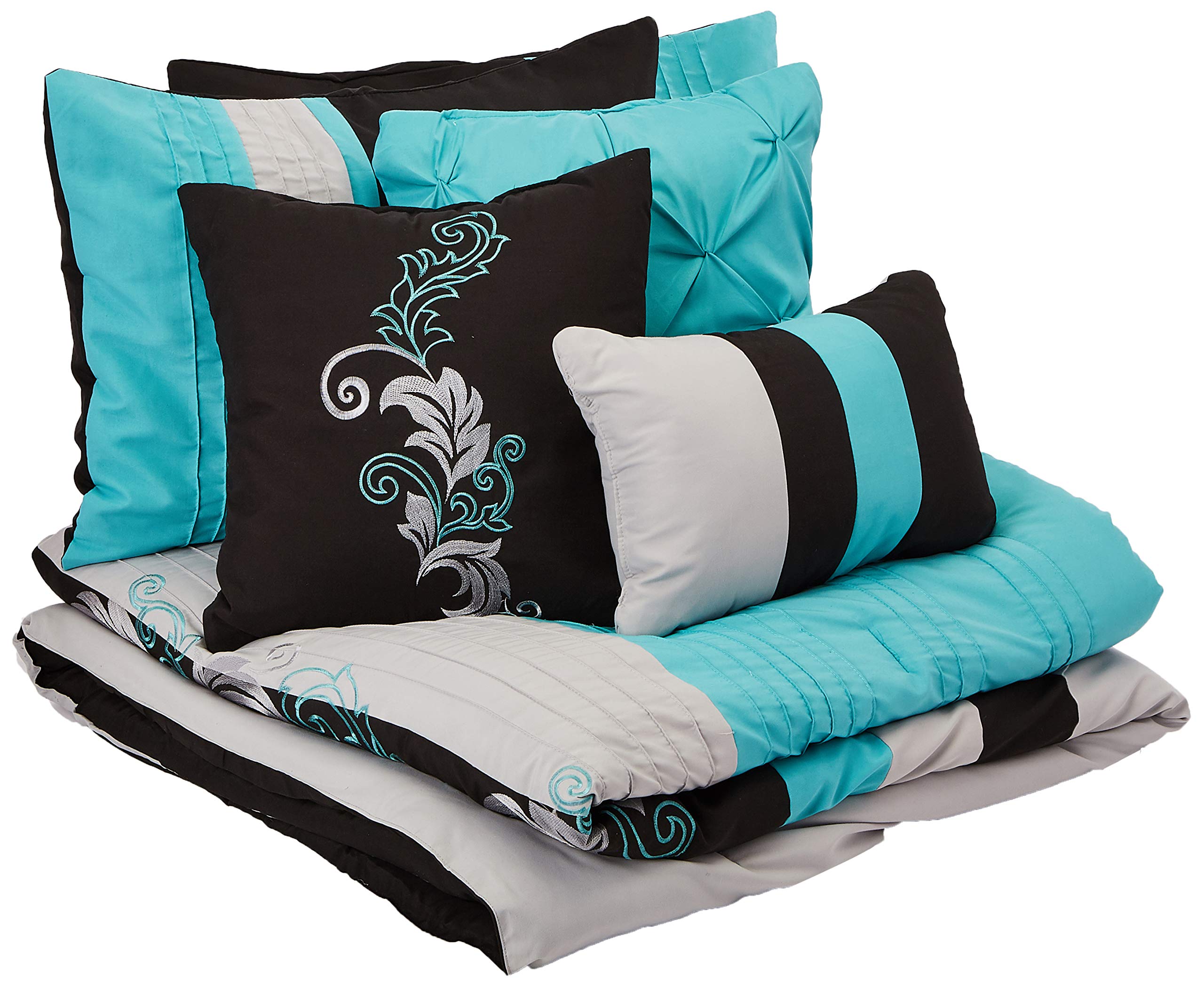 Book Cover Chezmoi Collection Napa 7-Piece Luxury Leaves Scroll Embroidery Bedding Comforter Set (Full, Teal/Gray/Black) Full Teal/Gray/Black