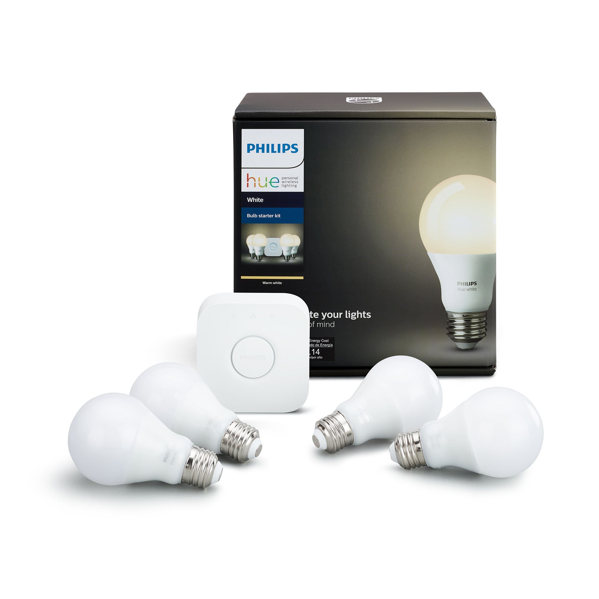 Book Cover Philips Hue White A19 60W Equivalent LED Smart Bulb Starter Kit (4 A19 White Bulbs and 1 Hub Compatible with Amazon Alexa Apple HomeKit and Google Assistant) 4 Count (Pack of 1) White