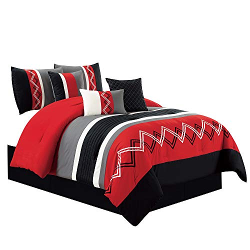 Book Cover Chezmoi Collection Arden by 7 Pieces Modern Pleated Stripe Embroidered Zigzag Bedding Comforter Set (Full, Red/Gray/Black/Off-White), Polyester & Polyester Blend
