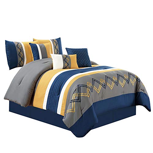Book Cover Chezmoi Collection Arden 7 Pieces Modern Pleated Stripe Embroidered Zigzag Bedding Comforter Set (Full, Navy/Gray/Yellow/Off-White)