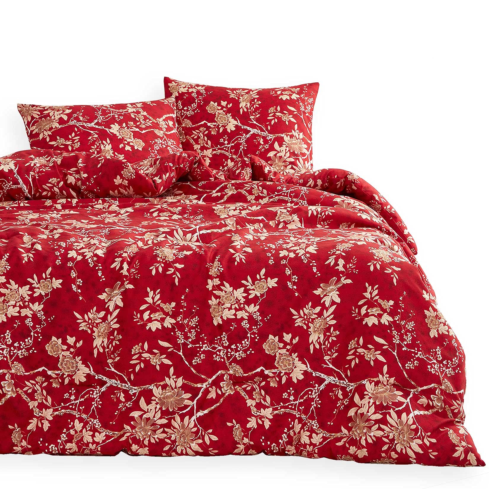 Book Cover Wake In Cloud - Red Floral Duvet Cover Set, Vintage Flowers Pattern Printed, Soft Microfiber Beddings with Zipper Closure (3pcs, Queen Size)