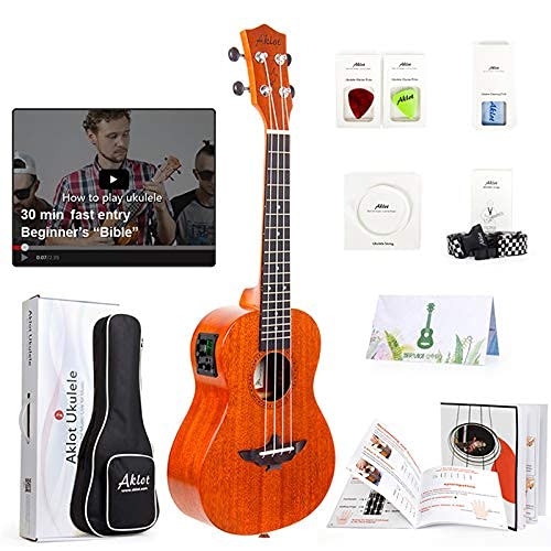 AKLOT Electric Concert Ukulele, 23 Inch Ukelele Solid Mahogany with Equalizer Uke for Professional Player with Beginner Kit (Gig Bag, Picks, Strap, String, Cleaning Cloth, Starter Manual)