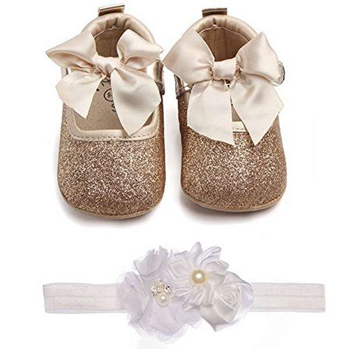 Lidiano Baby Girls Glitter Sequins Sparkly Bling Bowknot Anti-Slip Mary Jane Flat Crib Shoes & Headband (12-18 Months, Gold)