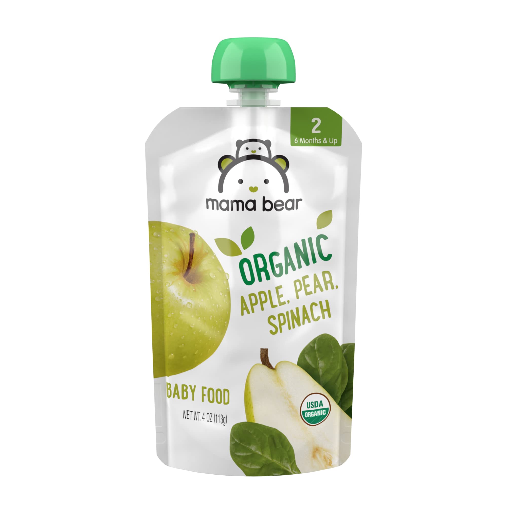 Book Cover Amazon Brand - Mama Bear Organic Baby Food, Stage 2, Apple, Pear, Spinach, 4 Ounce Pouch (Pack of 12) Stage 2 Apple, Pear, Spinach 4 Ounce (Pack of 12)