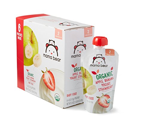 Book Cover Amazon Brand - Mama Bear Organic Baby Food, Stage 2, Apple Banana Yogurt Strawberry, 4 Ounce Pouch (Pack of 12)
