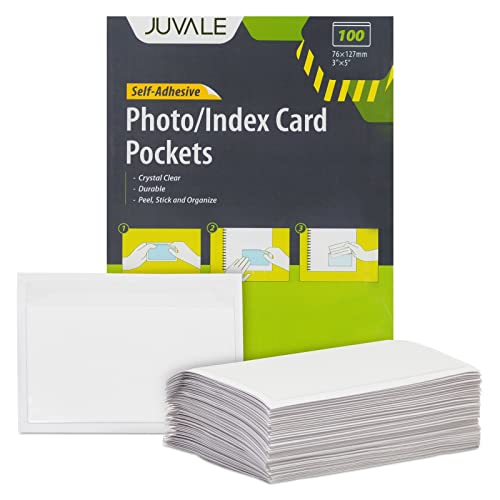 Juvale 100 Pack Clear Self-Adhesive Pocket Label Holders for Index Cards 3x5, Bulk Top Load Plastic Sleeves for Storage