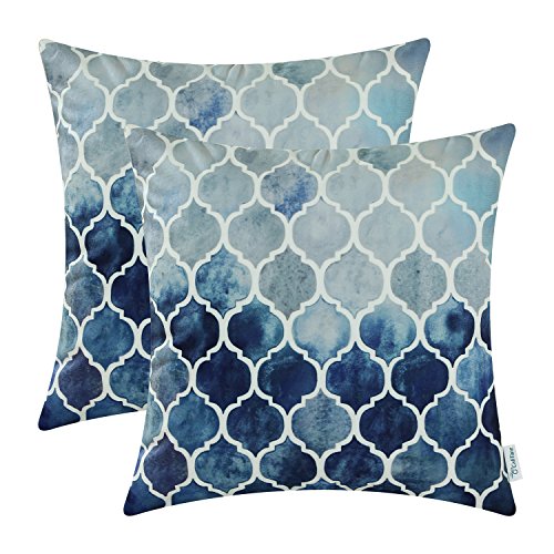 Book Cover CaliTime Pack of 2 Cozy Throw Pillow Cases Covers for Couch Bed Sofa Farmhouse Manual Hand Painted Colorful Geometric Trellis Chain Print 22 X 22 Inches Main Grey Navy Blue