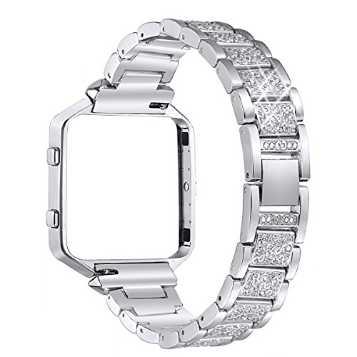 bayite Metal Bands with Frame Compatible Fitbit Blaze, Rhinestone Bling Replacement Accessory Bracelet Women, Silver