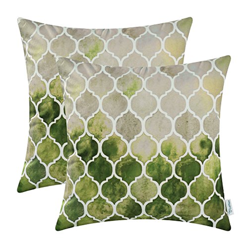 Book Cover CaliTime Pack of 2 Cozy Throw Pillow Cases Covers for Couch Bed Sofa Farmhouse Manual Hand Painted Colorful Geometric Trellis Chain Print 18 X 18 Inches Main Grey Green Olive